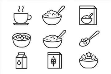 Outline icons set of various breakfast foods including cereal, oatmeal, milk, and hot drink