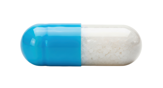 Blue and white capsule isolated PNG, medicine pill for healthcare and pharmaceutical industry on transparent background