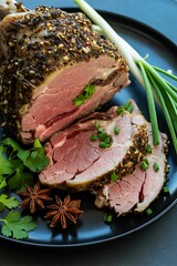 Seasoned roasted leg of lamb, sliced and garnished with herbs on plate
