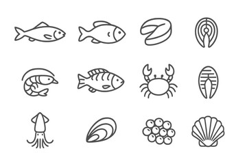 Outline icons of various seafood and fish products like crab, shrimp, salmon, and caviar