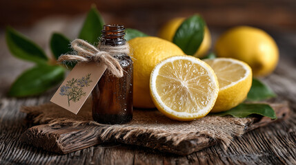 Close-up artistic composition of sliced and whole lemons glistening with juice, next to a vintage essential oil bottle wrapped with twine and a kraft-paper tag, resting on aged woo