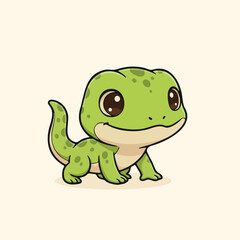 Obraz premium Cute green gecko with big eyes and a friendly smile in a cartoon style. Adorable reptile illustration perfect for kids books, stickers, educational materials, and character design.