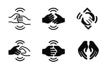 Haptic Communication Logos. Haptic communication. Icon set. Set Logo of haptic interaction: two hands touching with signal waves. harmonious logo variations of