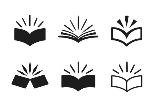 Open Book Logos. Open book. Icon set. Set Logo of open book: Open book with light rays. harmonious logo variations of the same emblematic concept, each with
