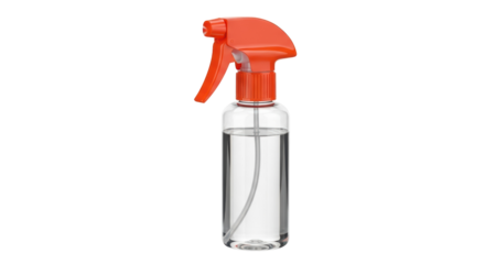 Orange spray bottle with clear liquid isolated PNG, cleaning and gardening tool on transparent background