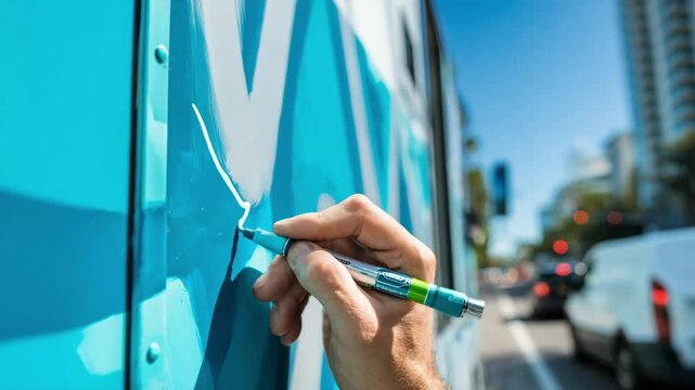 Wideformat vinyl printing process capturing vibrant decals being applied to a delivery vehicle showcasing detailed graphics and branding elements