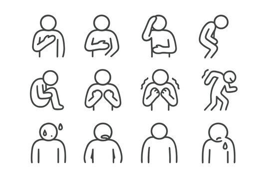 Agony Gesture Icons. Agony gestures. Line icon set of Agony gestures: hand on chest, hand on stomach, hand on head, bent-over figure, curled-up posture,