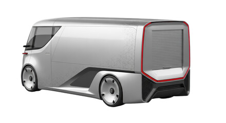 Futuristic silver delivery van PNG isolated on transparent background, autonomous vehicle concept for logistics and transportation