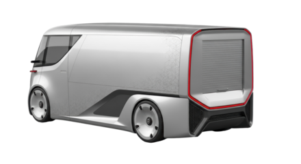 Futuristic silver delivery van PNG isolated on transparent background, autonomous vehicle concept for logistics and transportation