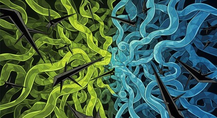 Vibrant abstract watercolor illustration featuring the DNA double helix with a mortar and pestle silhouette, symbolizing genetic medicine, pharmacogenomics, and colorful scientific research.