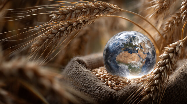 A symbolic global farming concept showing a glossy globe emerging from a mound of wheat grains on burlap, with long wheat ears framing the edges under warm atmospheric lighting