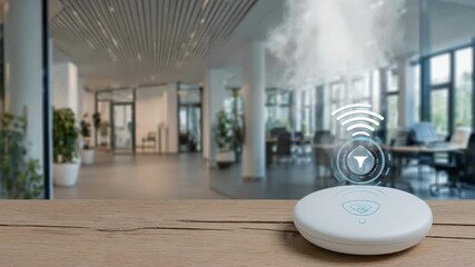 Wireless smart humidity sensor in modern office environment tracking realtime moisture levels for enhanced climate control and comfort management.