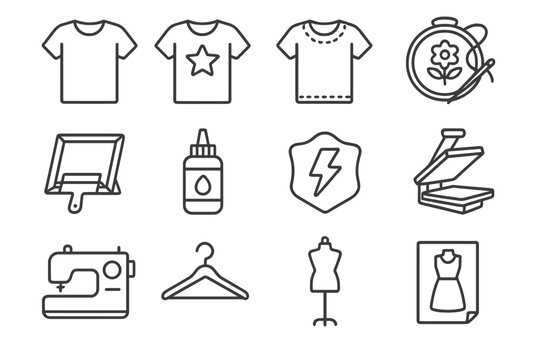 DIY Apparel Icons. DIY apparel set. Line icon set of DIY apparel set: plain t-shirt, printed t-shirt, t-shirt template, embroidery design, screen printing