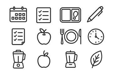 Meal Planning Icons. Meal planning. Line icon set of meal planning: calendar, checklist, meal box, pen, grocery list, apple, plate, knife, fork, clock,
