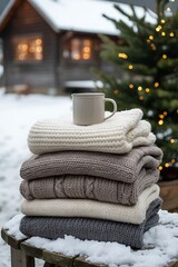 Cozy knitted sweaters stacked with mug outdoors in winter snowfall