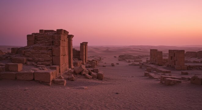 Ancient stone ruins stand amidst desert landscape during a vibrant sunset