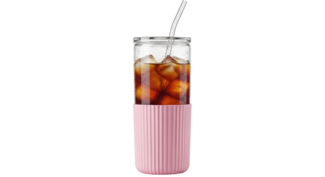 Iced coffee in glass with pink sleeve and straw isolated PNG, refreshing summer drink on transparent background