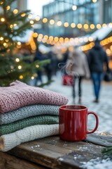 Cozy winter scene with warm drink and knitted clothes at christmas market