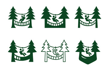 Obraz premium Ziplining Logo Variations. Outdoor adventure parks and zip-lining. Icon set. Set Logo of outdoor adventure parks and zip-lining: rope bridge between pine