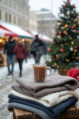Steaming coffee cup atop warm sweaters at a festive christmas market