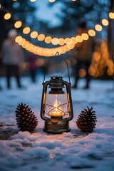 Lantern and pinecones in snow with festive bokeh lights