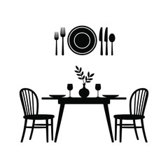 Simple black and white illustration of a dining table setting for two