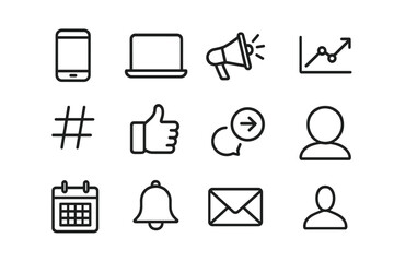 Social Media Icons. Social media tools. Line icon set of Social media tools: smartphone, laptop, megaphone, analytics graph, hashtag, like button, share icon,