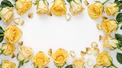 Yellow roses and petals arranged in a frame on white background, floral arrangement, preservation of beauty, romantic theme.