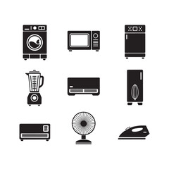 Black silhouette icons depicting various home and kitchen appliances