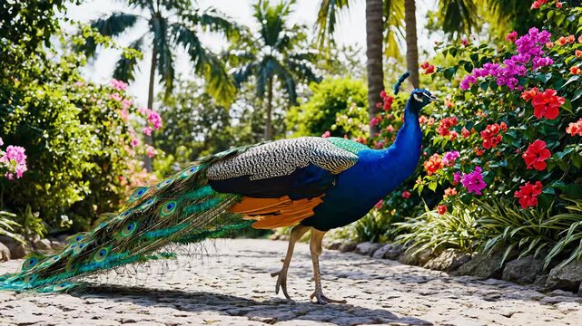 Peacock Strutting on Stone Path Near Tropical Flowers