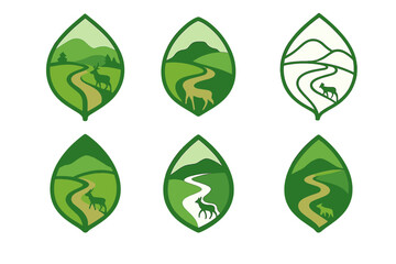 Obraz premium Eco-Tourism Icon Set. Eco-tourism with wildlife preservation. Icon set. Set Logo of eco-tourism with wildlife preservation: leaf-shaped landscape with animal