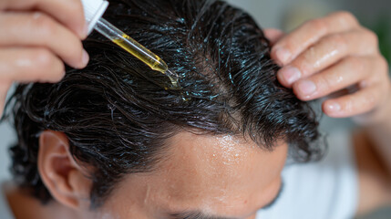 Minimalist, high-detail shot of the man squeezing the pipette to release hair oil, moisture shimmering along the roots and scalp