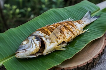 Whole grilled fish seasoned with spices on a banana leaf, top view