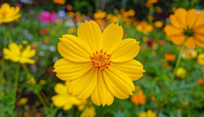 Obraz premium Yellow Flower with Symmetrical Petals and Brown Center Surrounded by Green Foliage and Purple Bloom