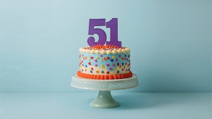 Birthday cake with a purple "51" topper on top, decorated with colorful sprinkles and placed on a cake stand against a light blue background.