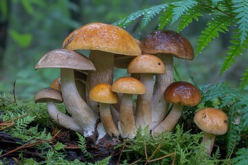 Group of forest mushrooms and fern leaves with water droplets