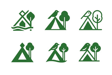 Eco-Tourism Icon Set. Eco-tourism with wildlife preservation. Icon set. Set Logo of eco-tourism with wildlife preservation: eco tent in nature with bird and