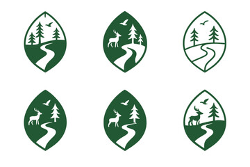 Eco-Tourism Icon Set. Eco-tourism with wildlife preservation. Icon set. Set Logo of eco-tourism with wildlife preservation: leaf-shaped landscape with animal