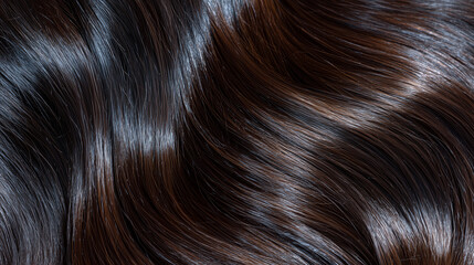 Dark glossy hair strands in extreme close-up, each hair catching ambient reflections, smooth and silky finish for hair care advertising