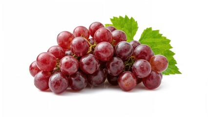 Obraz premium Cluster of red grapes with green leaves. Fresh fruit, healthy snack, natural, juicy, and sweet.