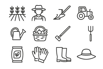 Fototapeta premium Field Worker Icons. Field Workers. Line icon set of Field Workers: crop field, farmer with hat, plow, tractor, watering can, basket of produce, hoe, pitchfork,