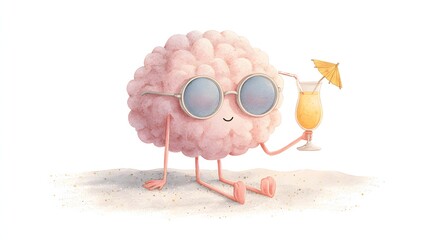 Cute Brain Relaxing on the Beach – Mental Health Break and Creative Recharge Concept Illustration

