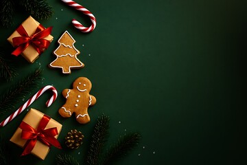 Festive christmas flat lay with gingerbread cookies candy canes pine cones and gift boxes on a dark green background