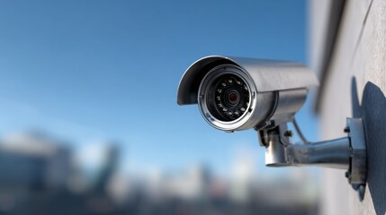High-Resolution Surveillance Camera Mounted on Wall with Blurred Background of Cityscape in Daylight for Security and Monitoring Purposes