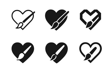 Artistic Love Emblems. Love and affection through artistic expressions (painting, music). Icon set. Set Logo of love and affection through artistic