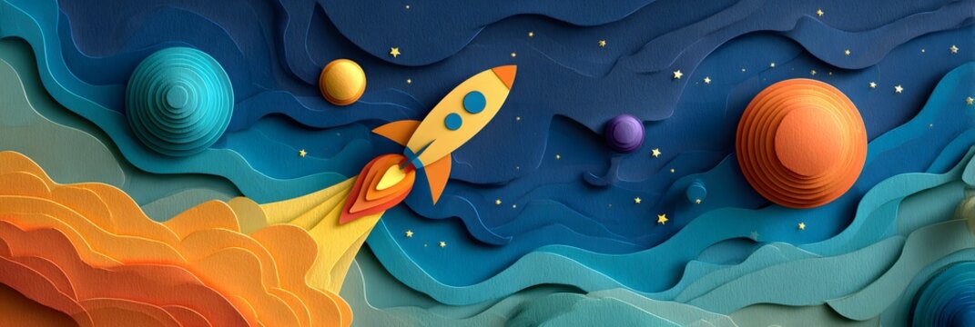 Colorful paper-cut rocket flying upward as a symbol of business launch, innovation, and strategic growth. Concept illustration representing entrepreneurship, future success, and the power of big ideas