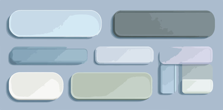 Colecci&oacute;n de botones rectangulares redondeados en tonos pastel y grises para interfaz de usuario digital.