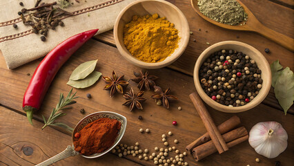 Various spices and herbs arranged on a wooden table, including chili pepper, star anise, cinnamon sticks, and peppercorns, creating a vibrant and aromatic culinary scene