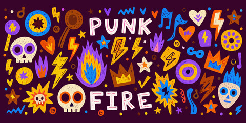 Colorful punk rock inspired illustration with skulls lightning and musical motifs