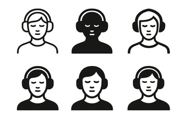 Fototapeta premium Noise-Cancelling Headphone Logos. Using Noise-Cancelling Headphones. Icon set. Set Logo of focused listening: person wearing headphones in calm posture.